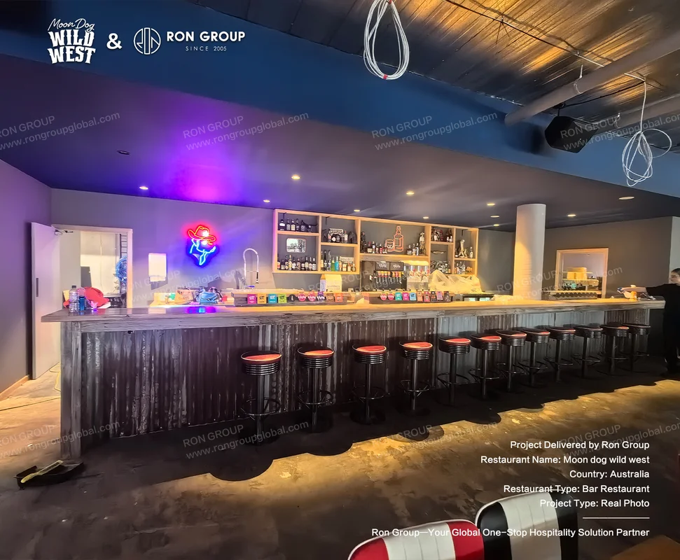 Moon Dog Wild West rustic bar interior with neon signage