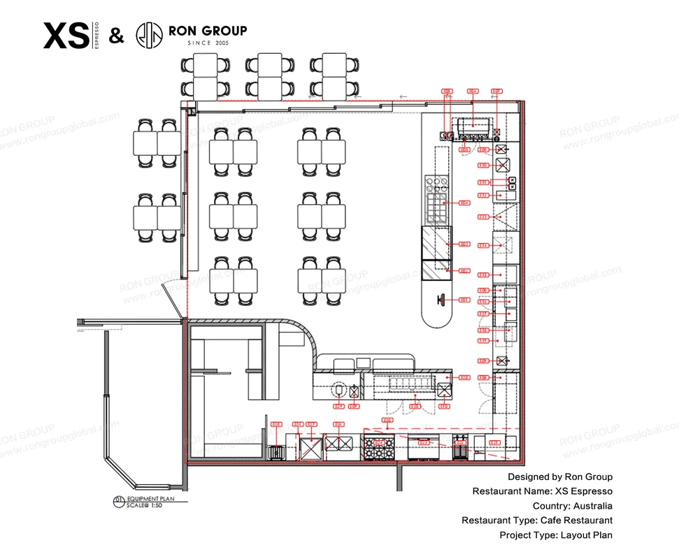 XS Espresso cafe layout plan with seating and service counter zones