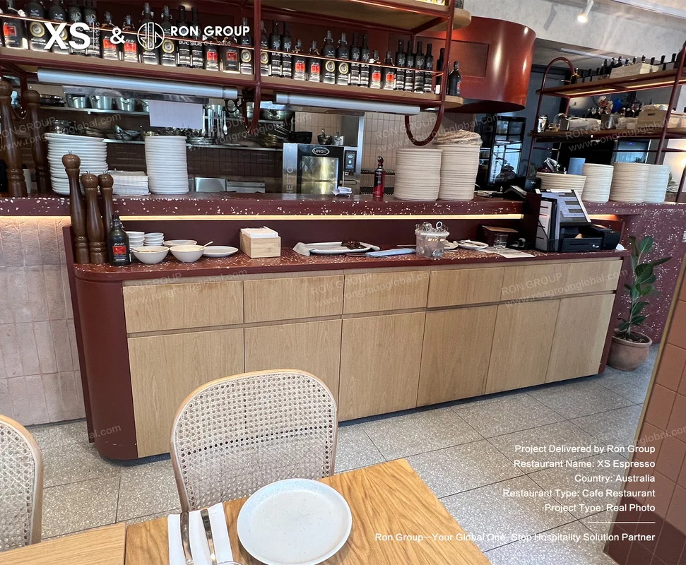 XS Espresso modern cafe counter with wood and terrazzo finishes