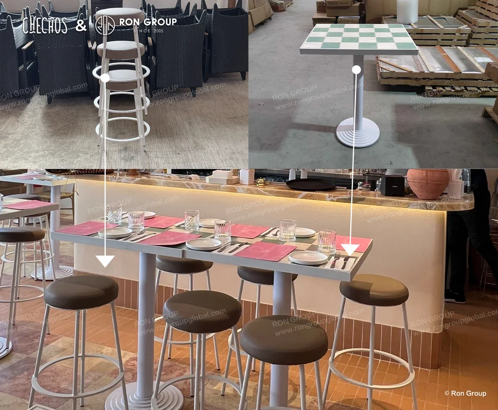 Checho's bar stool and checkered table finish