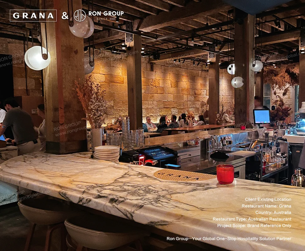 Grana marble bar and dining space