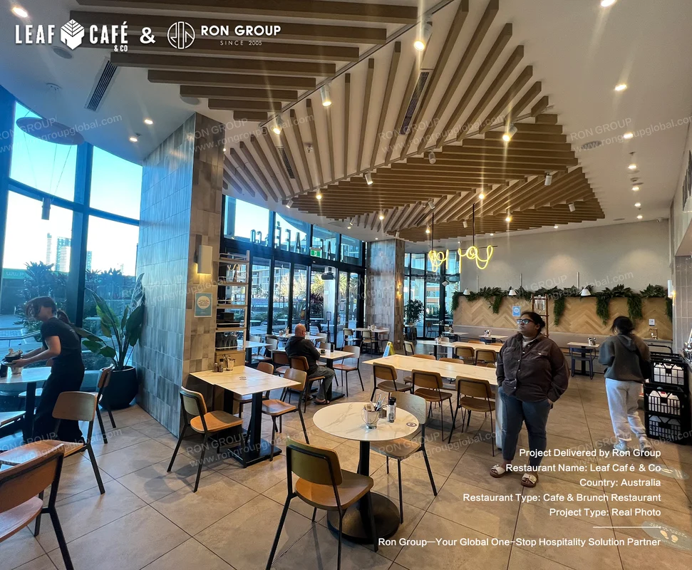 Leaf Café & Co interior with wooden ceiling beams