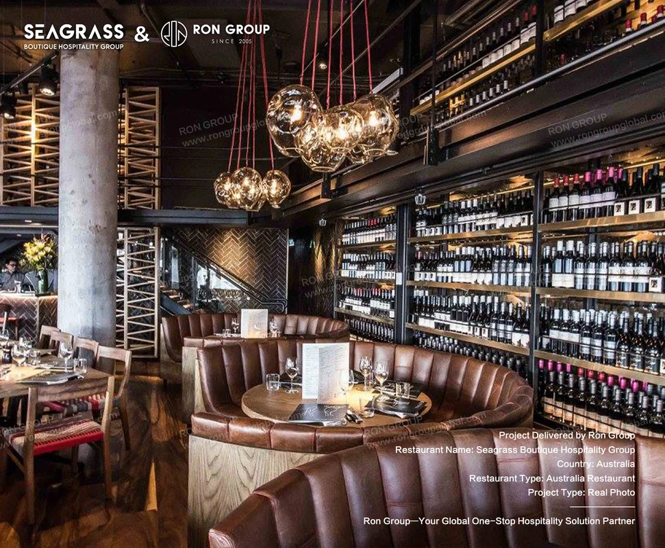 Seagrass leather booths and wine shelving