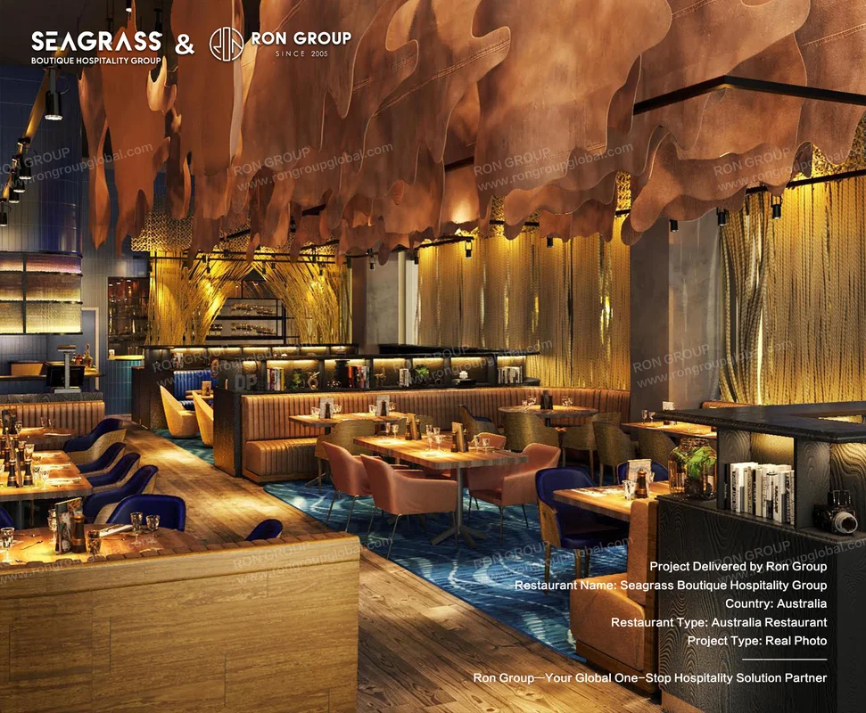 Seagrass flagship dining room with sculptural ceiling panels