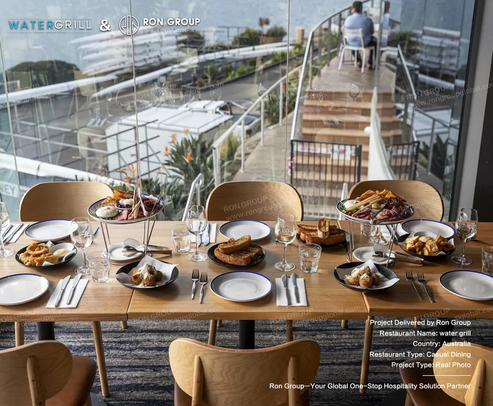 Water Grill dining table with food and drinks
