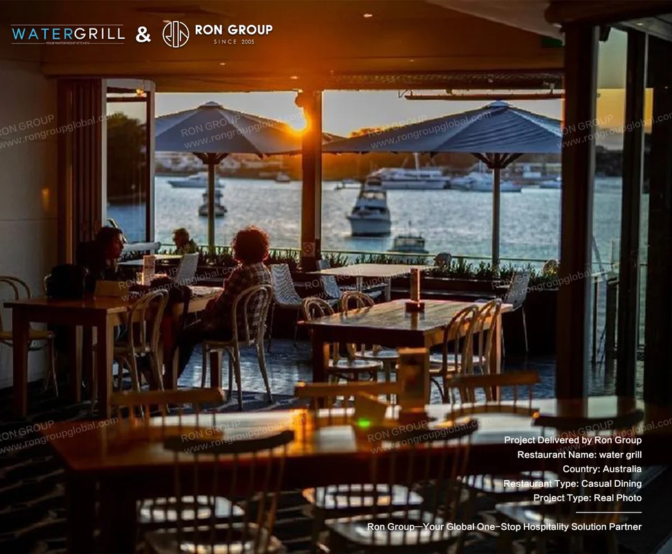 Water Grill waterfront interior at sunset