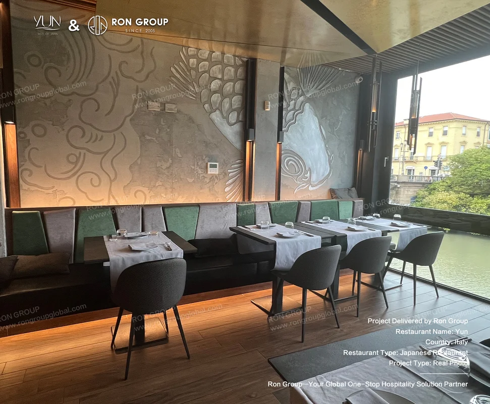 Yun modern restaurant interior with river view