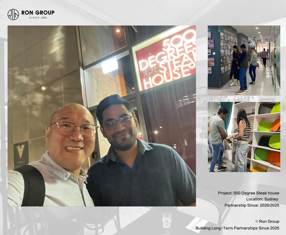 Nighttime brand sign and project scenes from 500 Degrees Steakhouse