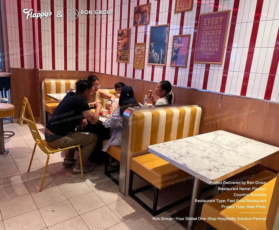 Flappys family dining area with striped wall