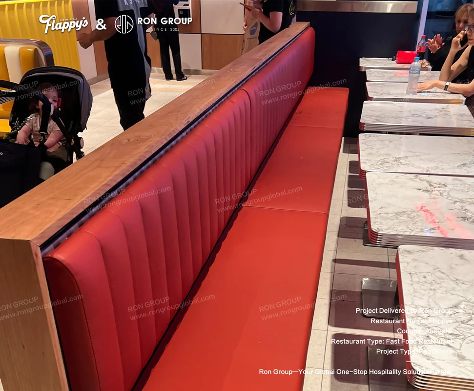 Flappys red upholstered booth seating