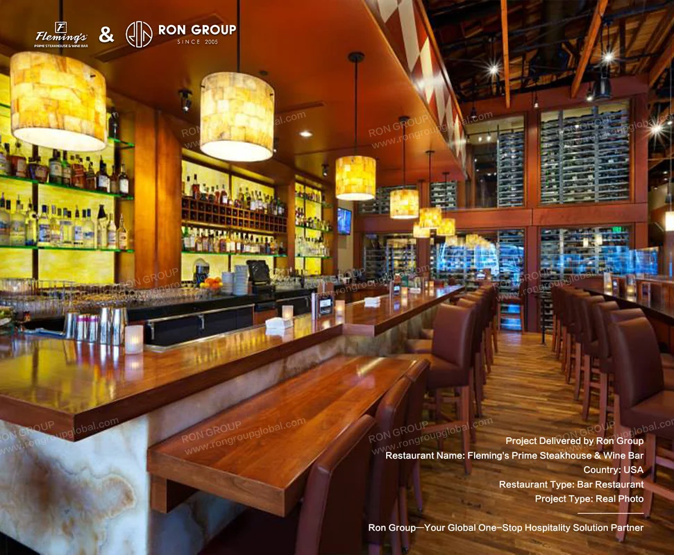 Flemings Prime Steakhouse Wooden Features With Warm Lighting
