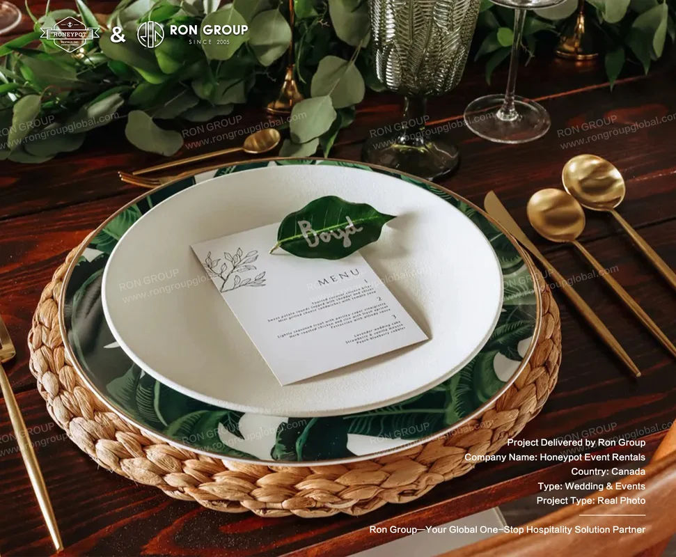 Honeypot Event Rentals Elegant Table Setting With Green Leaves