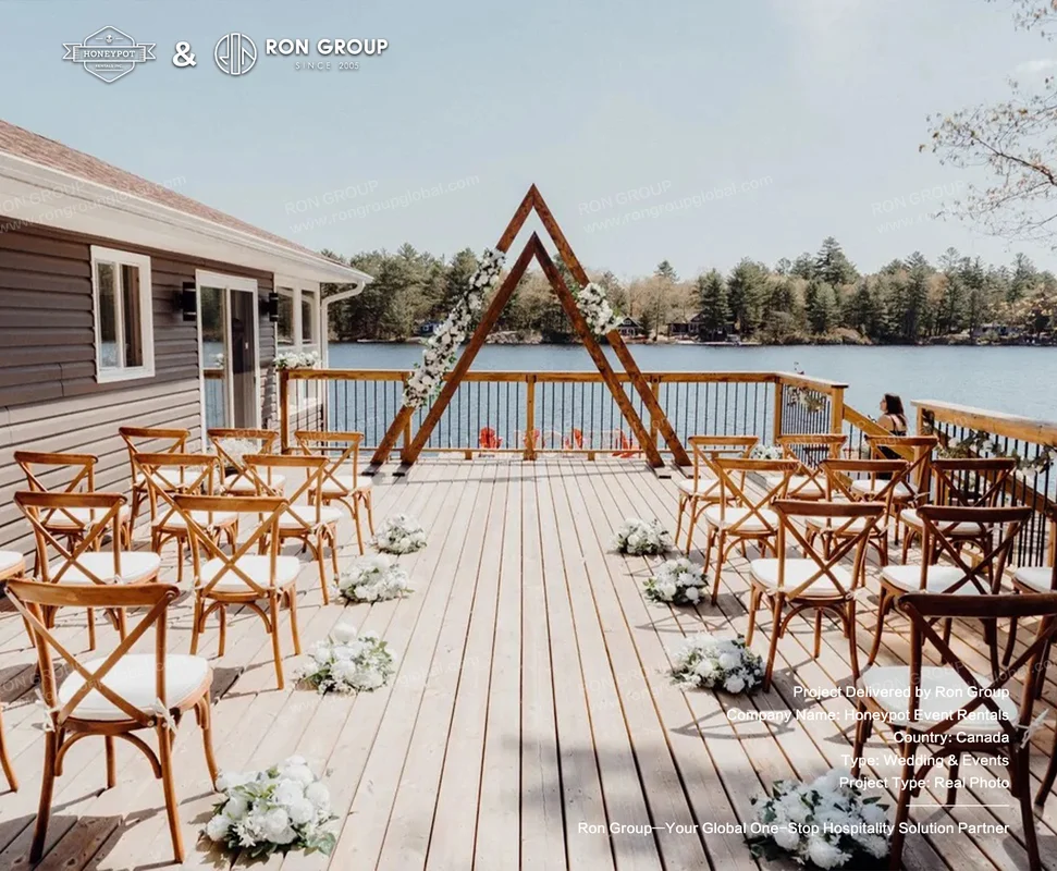 Honeypot Event Rentals Wooden Deck Wedding Setup