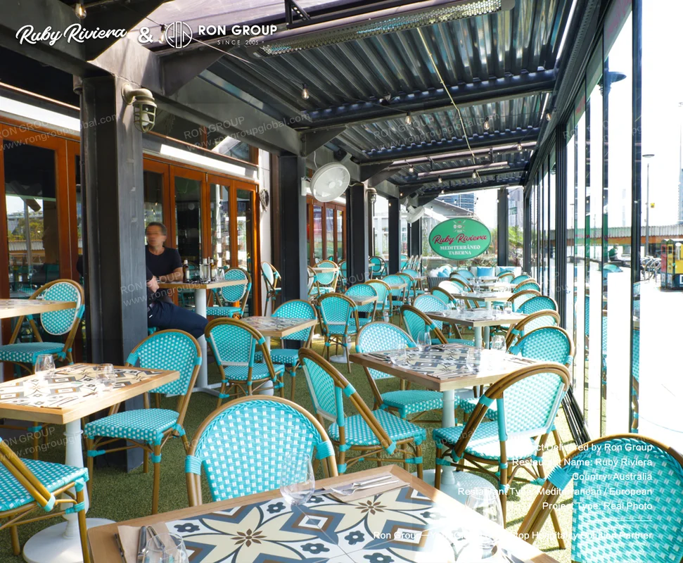 Ruby Riviera Outdoor Dining Area With Teal Chairs