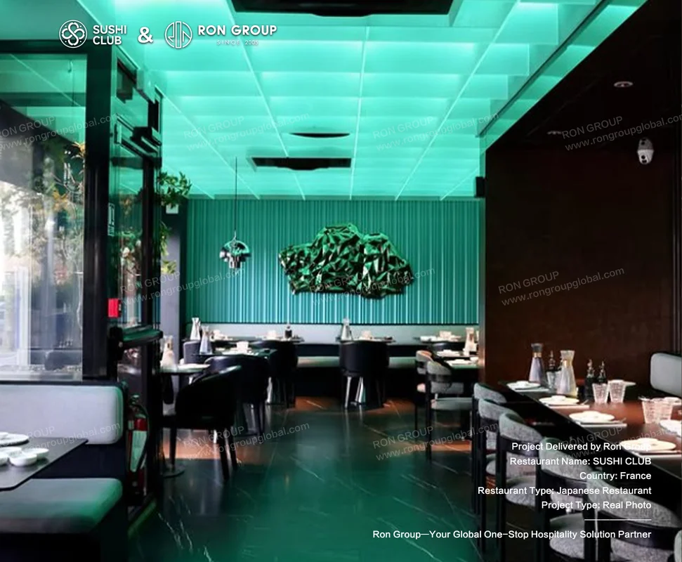 Sushi Club dining room with green textured wall