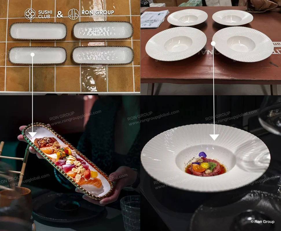 Gold-trimmed ceramic trays and fluted bowls