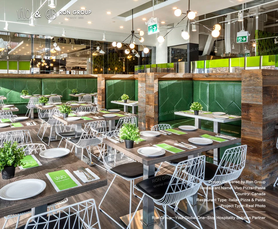 Vivo Pizza Pasta Green Booth Seating and Wooden Tables