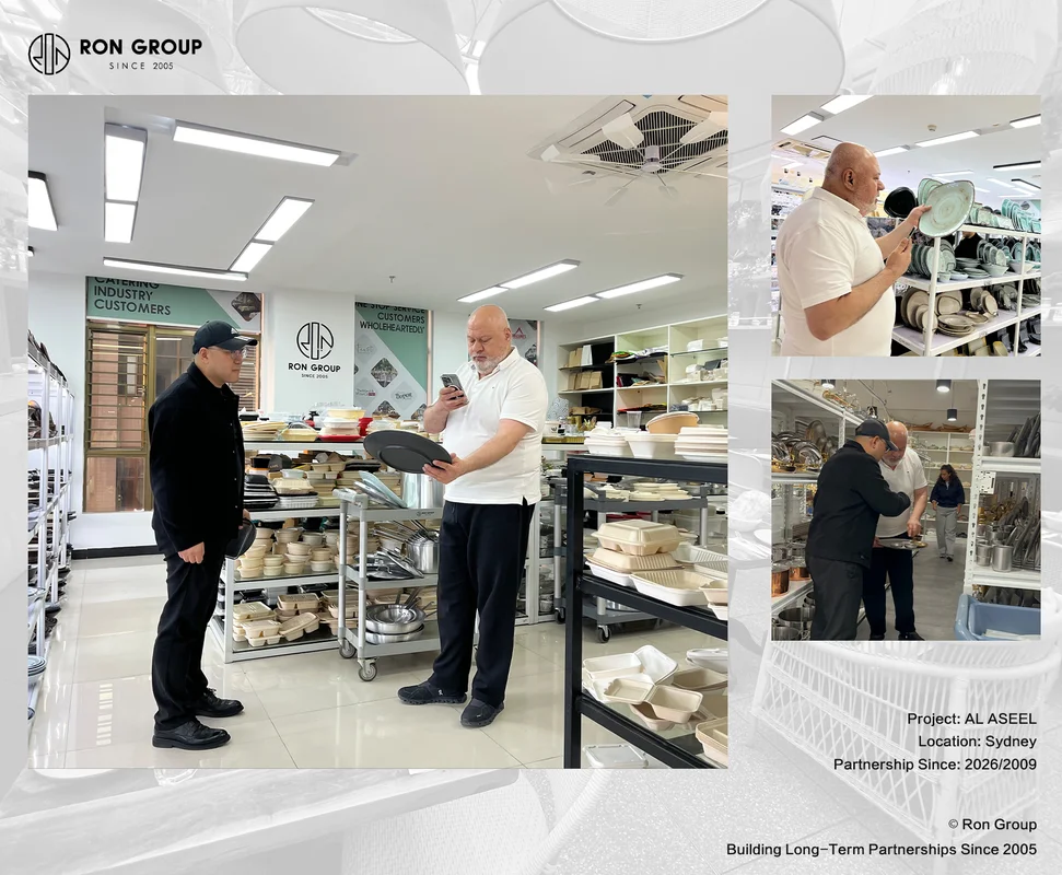 Al Aseel project team inspecting tableware and catering equipment in RON GROUP showroom