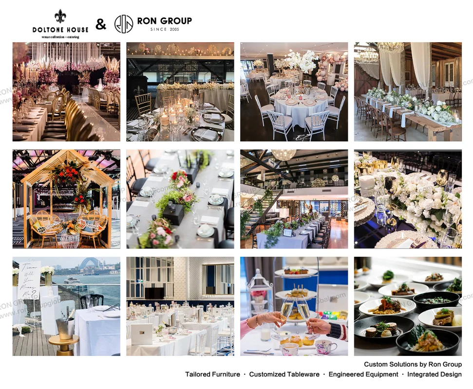 Comprehensive wedding banquet furniture lighting and tableware portfolio for Doltone House