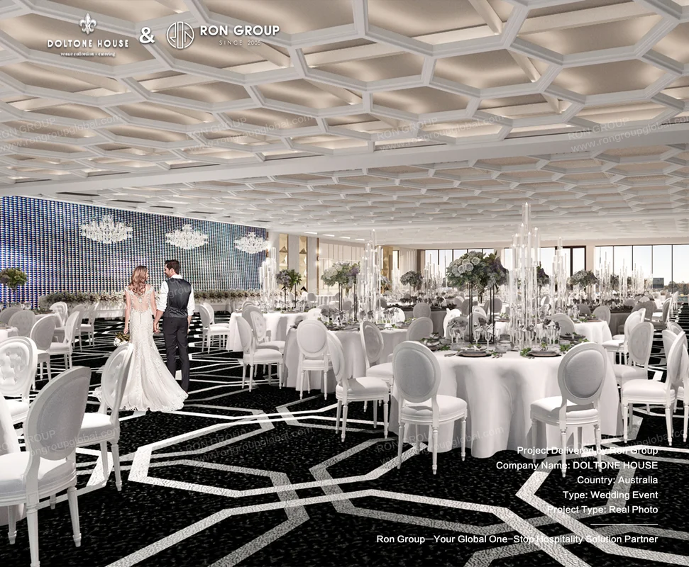 Doltone House grand ballroom wedding reception with white round tables and designer chairs