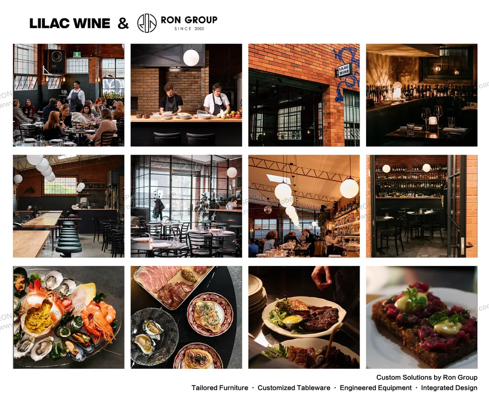 Coordinated bistro furniture wine bar fixtures and culinary presentation at Lilac Wine