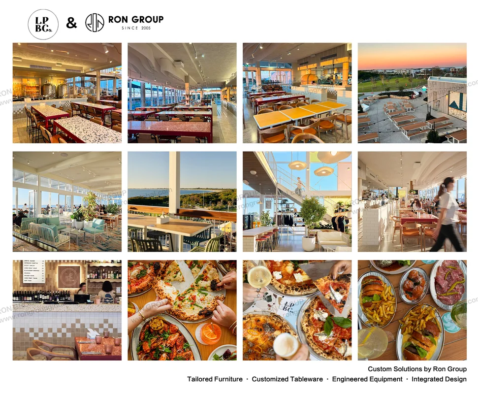 Coordinated coastal brewpub furniture and ocean-view dining spaces at Long Point Brewing