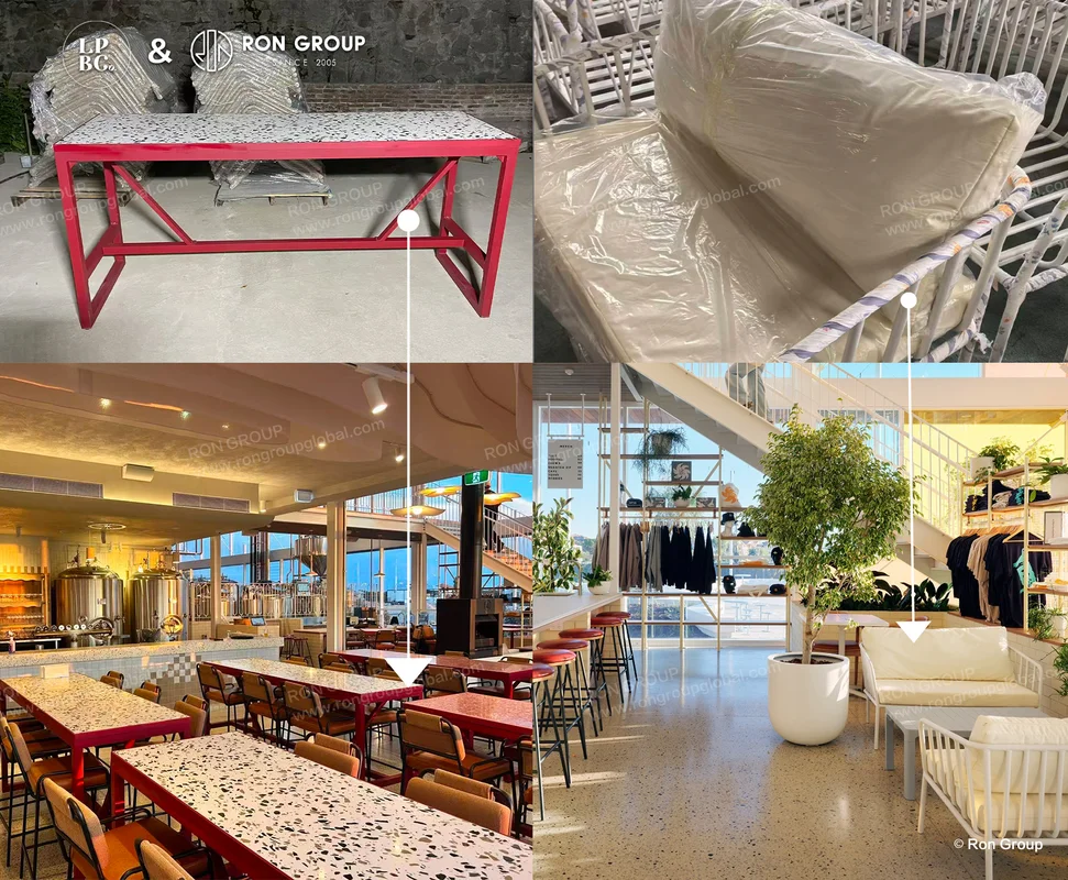 Custom red terrazzo pedestal tables and cushioned metal chairs from factory inspection to venue installation