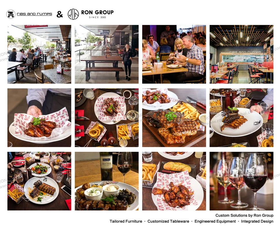 Comprehensive overview collage highlighting indoor and outdoor dining spaces, tableware, and grill specialties