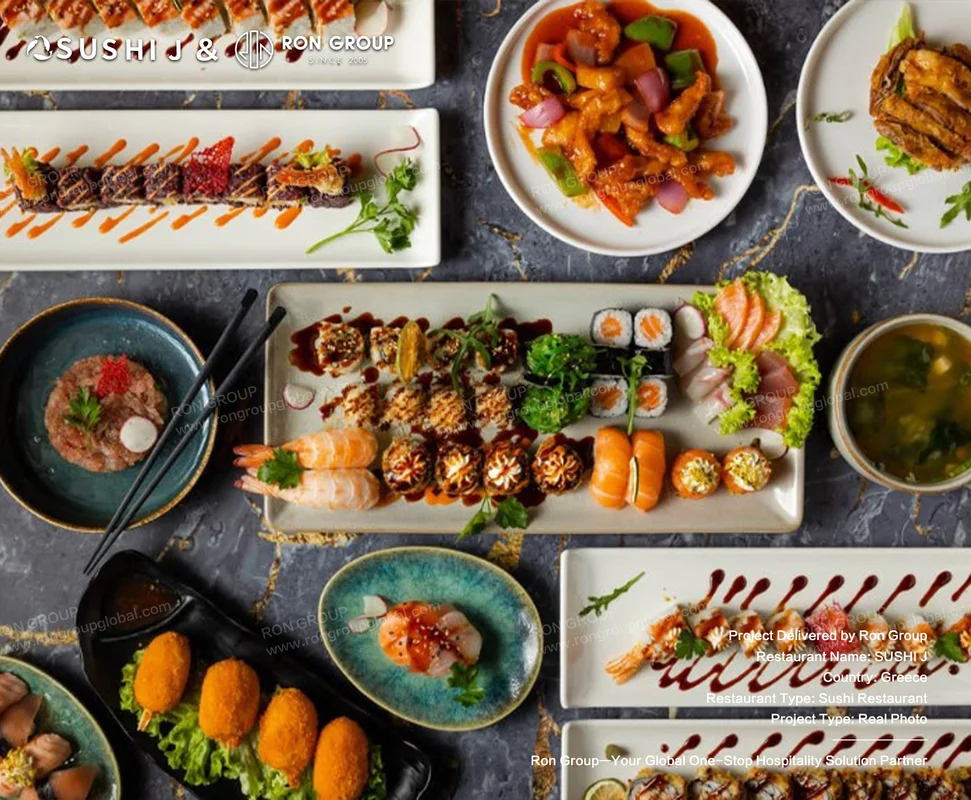 Sushi J signature sushi rolls tempura and sashimi plated on commercial ceramic tableware