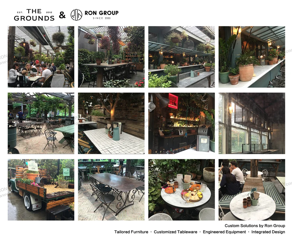 Overview collage highlighting garden dining zones, rustic furniture details, and lush greenery at Sydney Garden Restaurant