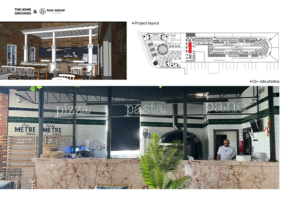 The Home Grounds floor plan layout brick dining room and subway-tiled open pizza kitchen