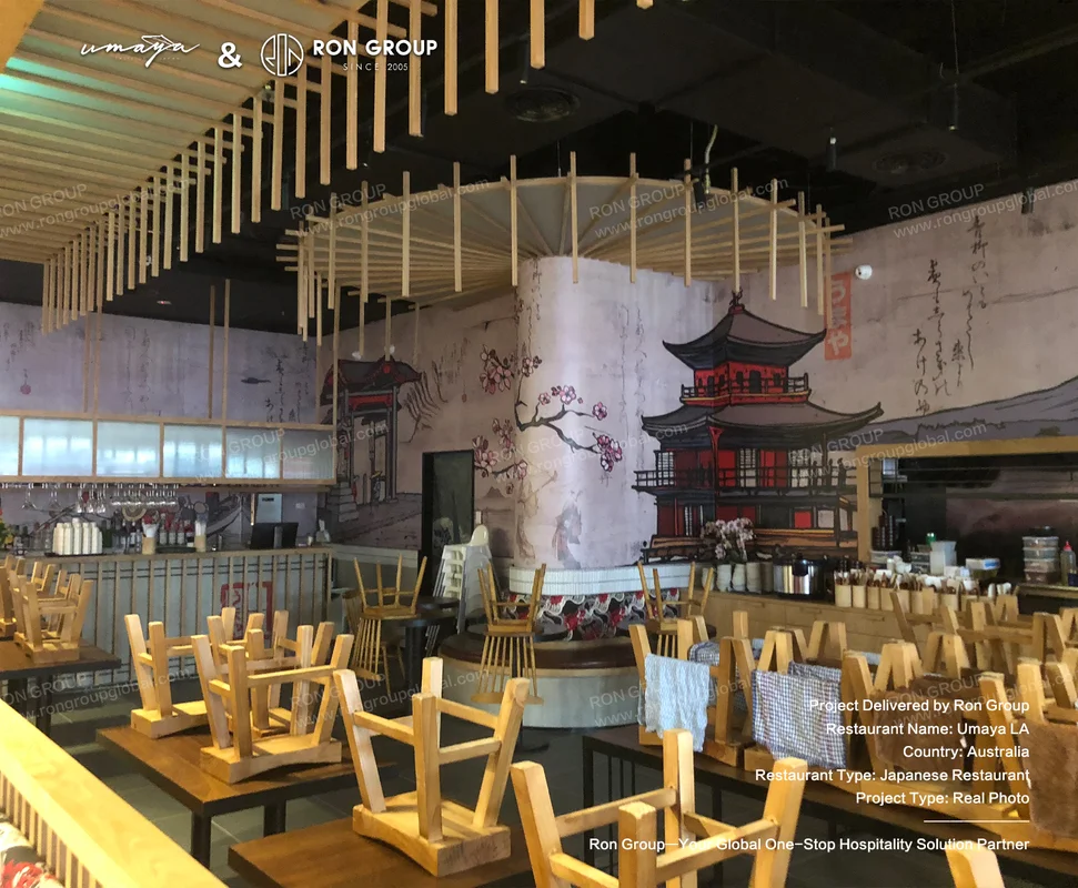 UMAYA traditional pagoda murals and ceiling timber baffle decor