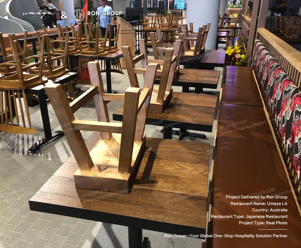 UMAYA dining tables and stacked wooden chairs for daily maintenance