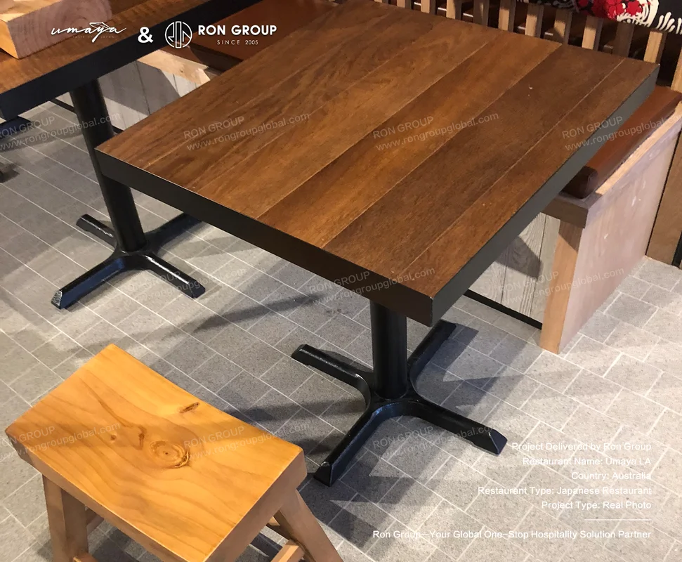 UMAYA solid wood dining table with industrial black metal X-base