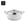 A hammered stainless steel pot with a silver lid and handles.
