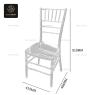Clear resin Chiavari chair with dimensions displayed, on a white background.