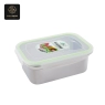 A stainless steel lunch box with a clear, snap-lock lid and green seal.
