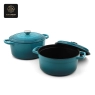Two blue enamel cast iron dutch ovens, one open and one closed.