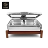 Frontal view of an open rectangular chafing dish, revealing two food pans.