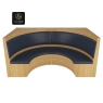 Top-down view of a semicircular wood and navy upholstered booth unit.
