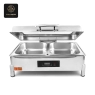 Electric chafing dish with lid partially open, showcasing its sleek stainless steel and food pans.