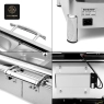 Four-panel image detailing the chafing dish's handle, base, hydraulic rod, and power inlet.