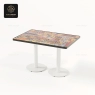 The unique pattern rectangular table top on a white double-column base.