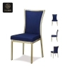 Royal Blue and Gold Banquet Chair with High Back and Metal Frame.