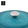 A blue enamel cast iron dutch oven with a lid embossed with the word 'Success'.