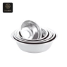 A full set of stainless steel mixing bowls, nested for easy storage.