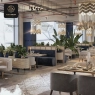 A restaurant interior with booth seating, individual tables, and decorative plants, under ambient lighting.
