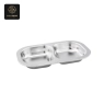 A sleek silver stainless steel dish, featuring two distinct compartments.