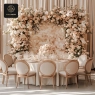 Luxurious banquet chair with soft blush pink upholstery and a cream wooden frame, suitable for romantic event setups and upscale celebrations.