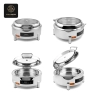 Four different views of the round electric chafing dish in various open/closed states.